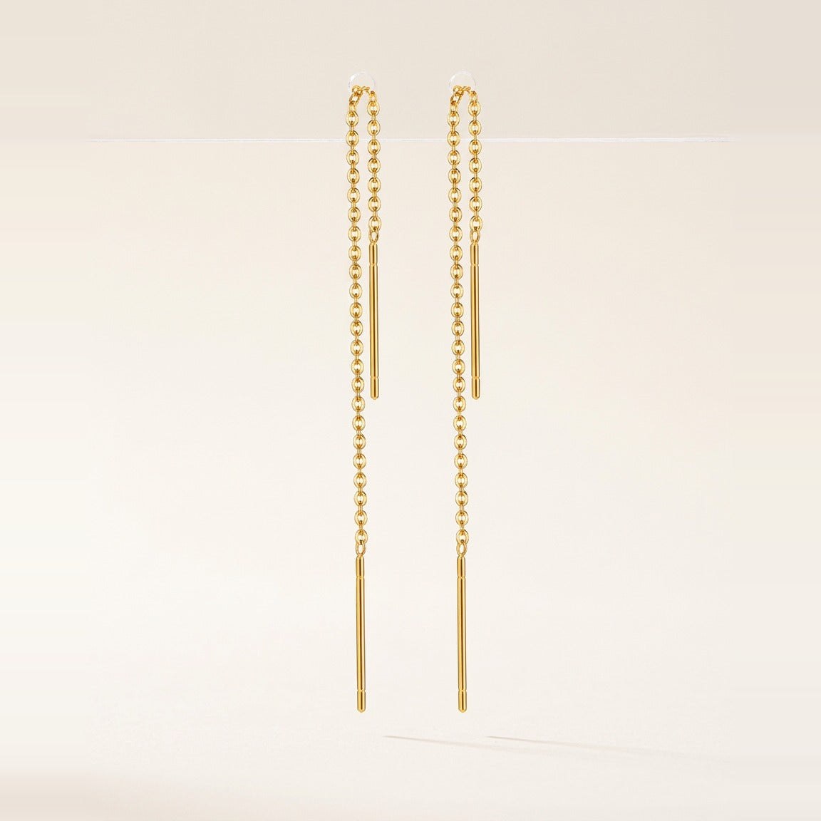 Threaded Chain Drop Earrings in Gold, full length shown.