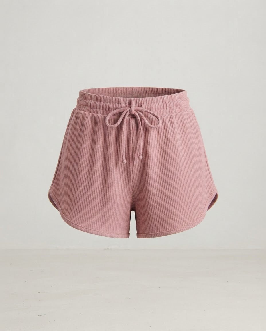 Dusty rose ribbed knit shorts with drawstring waist, front view
