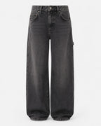 High-rise wide leg jeans in rigid blue denim, front view