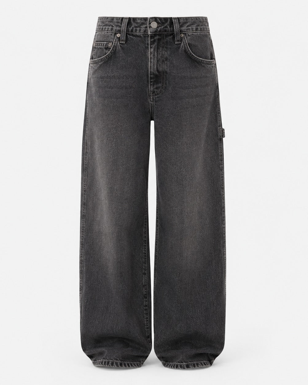 High-rise wide leg jeans in rigid blue denim, front view