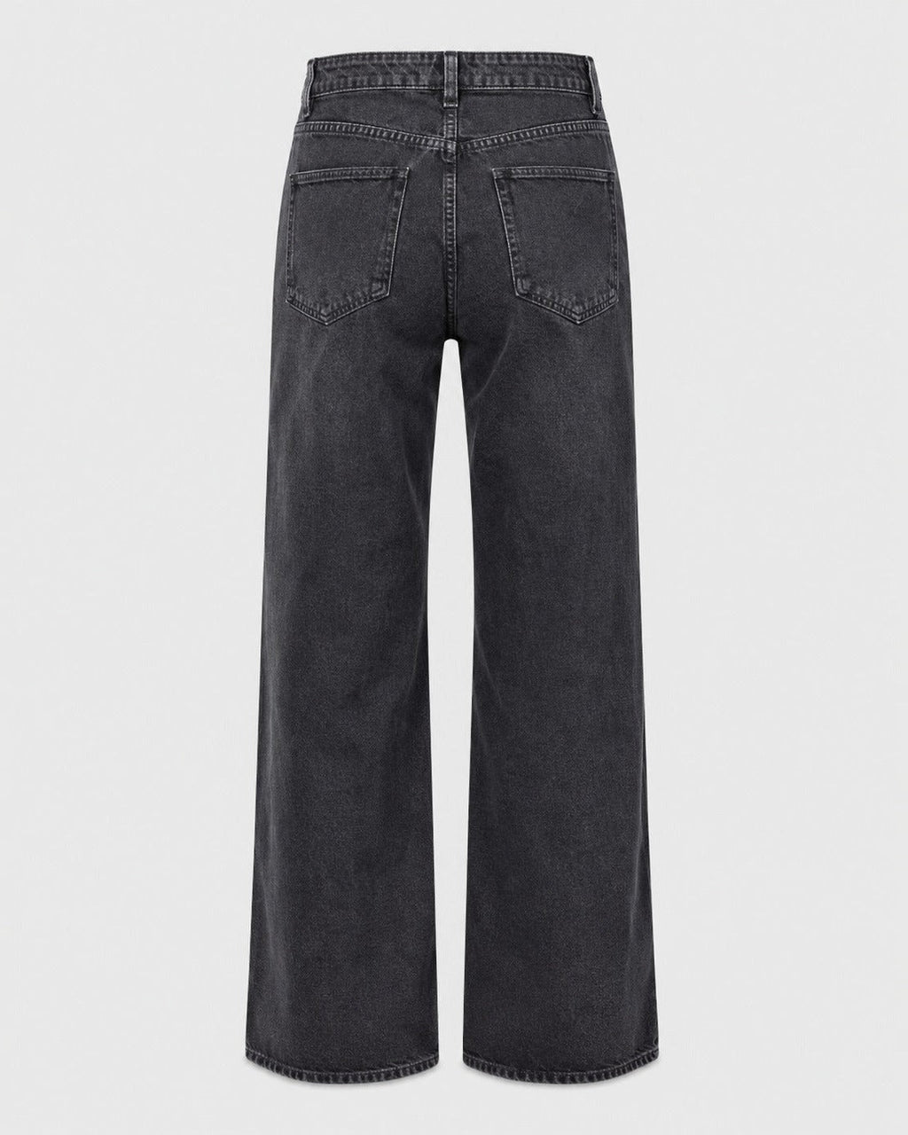 Rigid blue denim wide leg jeans showing straight full-length silhouette