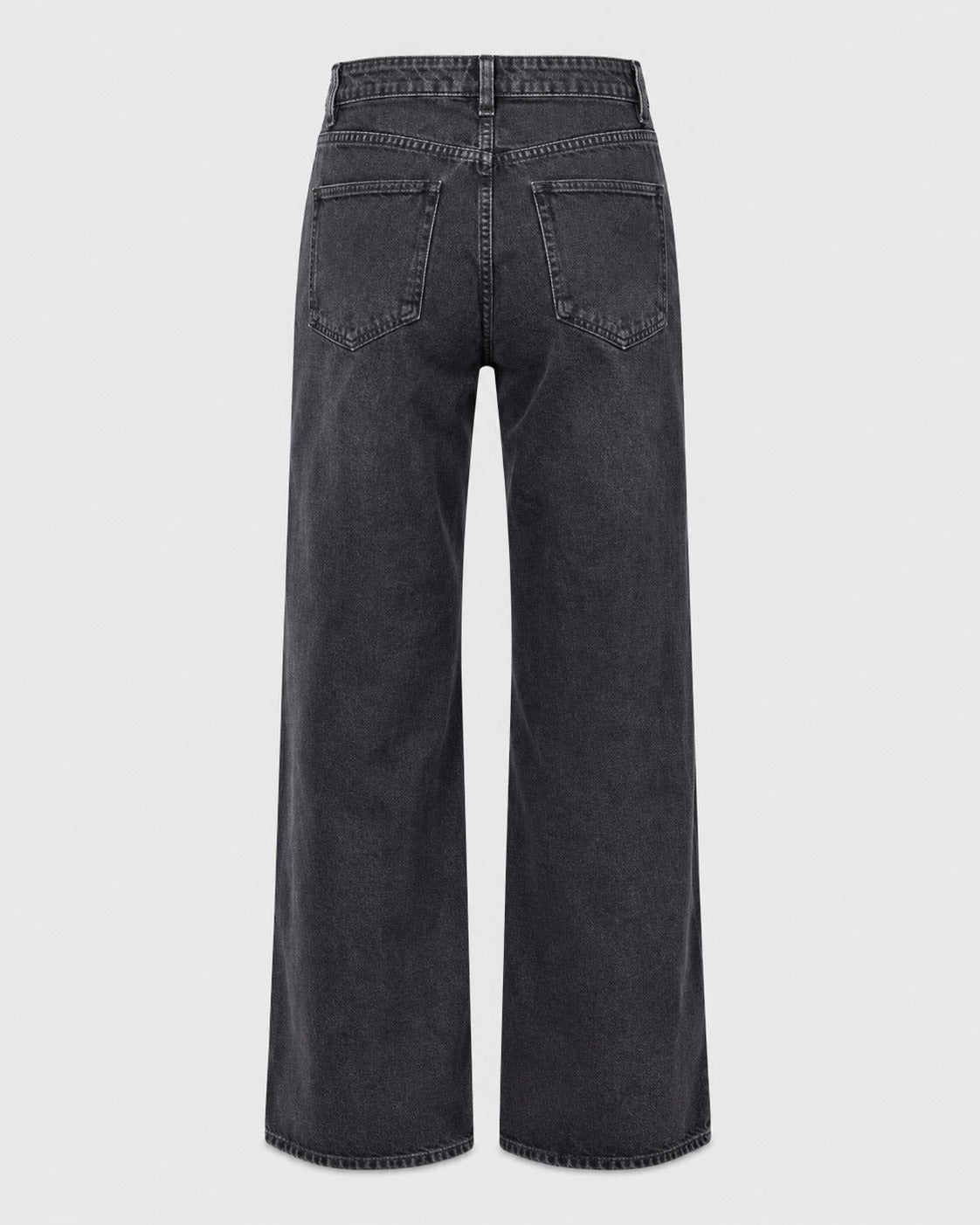 Rigid blue denim wide leg jeans showing straight full-length silhouette