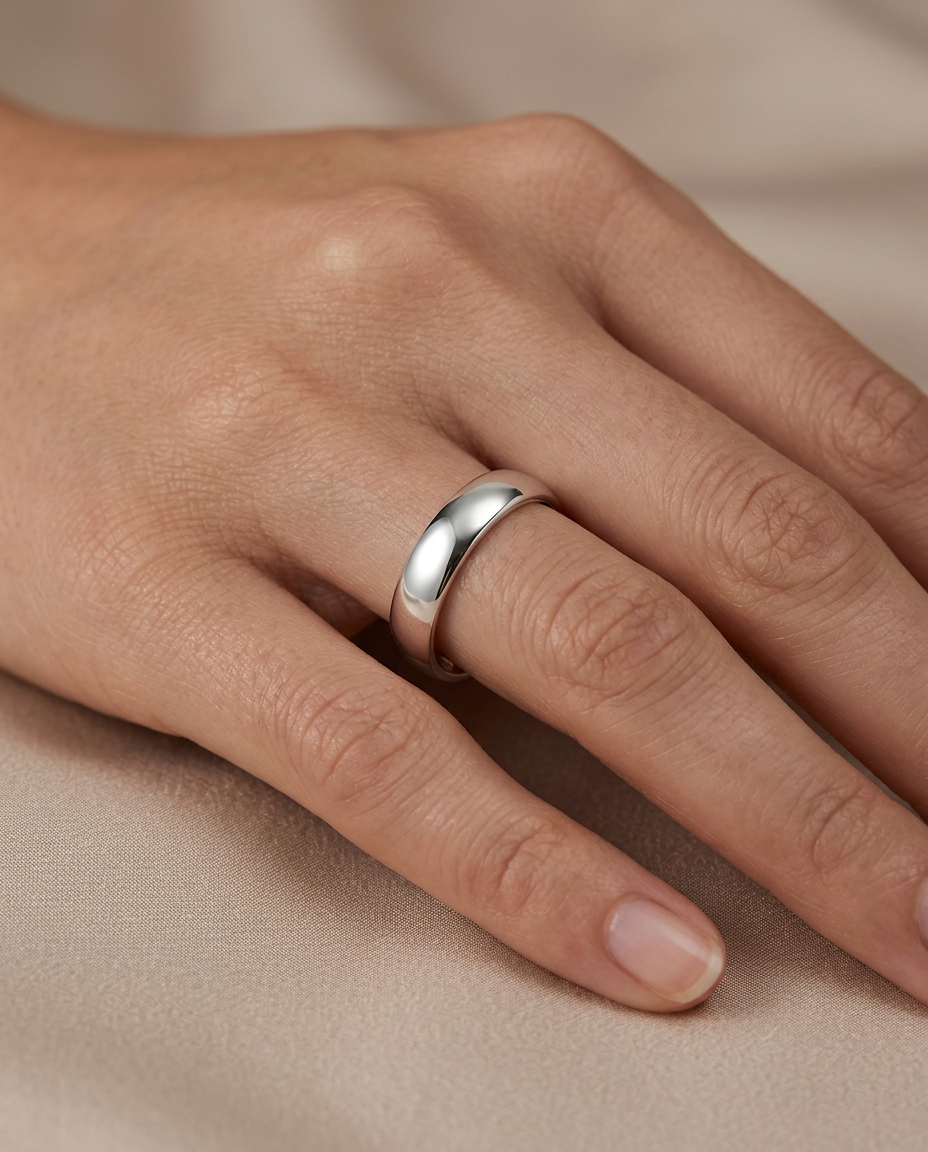 Polished Dome Ring in Silver worn on the hand